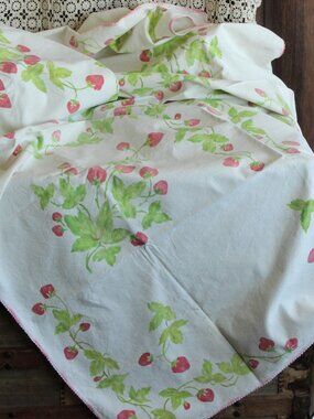 Vintage 1950s Tablecloth, Strawberry Fruit Print White Cotton Table Topper